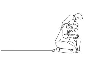 Animasyonlu tek çizgi halinde anne ve babalarının küçük çocuklarını kucakladıkları çizgi çizimleri. Sanat animasyonu.