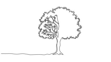Geniş yapraklı bir ağacın sürekli tek çizgi çizimi, çizgi sanatı animasyonu