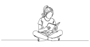Sürekli yerde oturup kitap okuyan bir kızın çizimleri, çizgi çizimi.