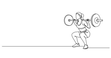 Dişi sporcunun halterle çömeldiği tek sıra çizimi, çizgi çizimi.