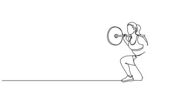 Animasyonlu tek sıra halinde kadın atletlerin halterle çömelme hareketleri, çizgi çizimleri.