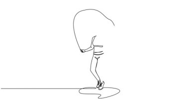 Animasyon devam eden tek çizgi halinde zinde bir kadın ip atlıyor, çizgi sanatı animasyonu