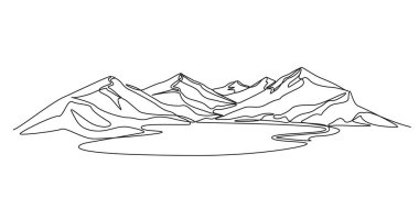 Önplanda göl olan dağ manzarasının sürekli tek çizgi çizimi, çizgi sanat vektörü illüstrasyonu