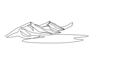 ön planda göl, çizgi sanat animasyonu olan dağ manzarasının sürekli tek çizgi çizimi