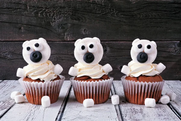 Winter Polar Bear Cupcakes Side View Rustic Wood Table Background — Stock Photo, Image