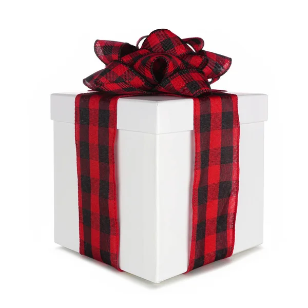 Bílá Vánoční Dárková Krabice Černým Červeným Buvolím Kostkovaným Lukem Stuhou — Stock fotografie