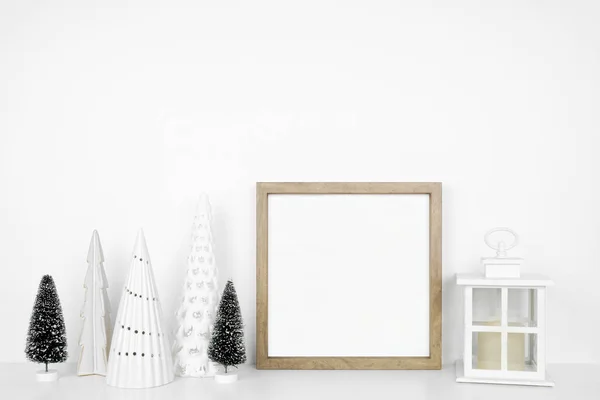 Christmas Mock Wooden Frame Lantern Tree Decor Square Frame White — Stock Photo, Image