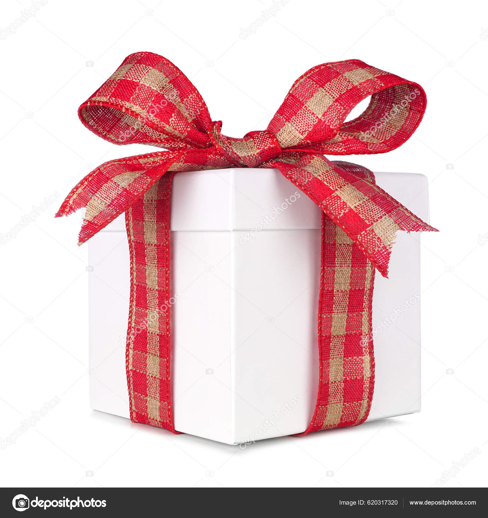 Bílá Vánoční Dárková Krabice Červenou Hnědou Buvolí Kostkovanou Mašlí  Stuhou — Stock Fotografie © JeniFoto #620317320