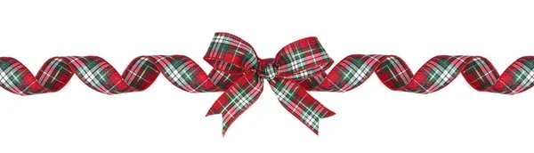 Red Green White Plaid Christmas Gift Bow Ribbon Long Border — Stock Photo, Image