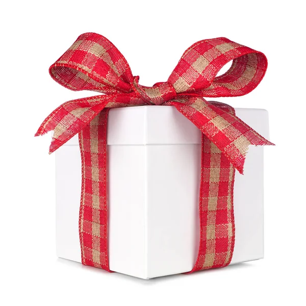 Bílá Vánoční Dárková Krabice Červenou Hnědou Buvolí Kostkovanou Mašlí Stuhou — Stock fotografie