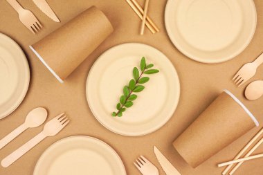 Eco friendly disposable dishware for takeout. Overhead view flat lay on a brown paper background. Biodegradable, composable alternative to plastic.