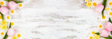 Double border of springtime flower decorations. Top view over a rustic white wood banner background. Copy space.