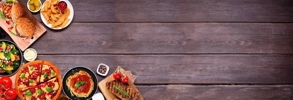 Eckrand Einer Sammlung Köstlicher Lebensmittel Overhead Ansicht Auf Dunklem Holzbanner — Stockfoto