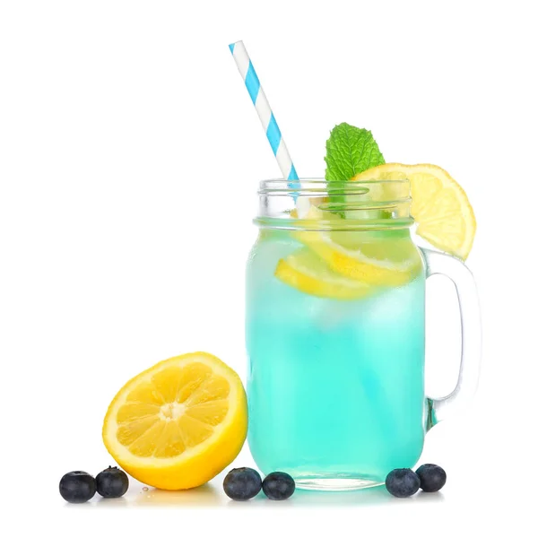 Limonada Azul Gelada Verão Copo Pote Pedreiro Com Palha Papel — Fotografia de Stock