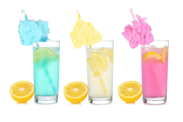 Kalte Bunte Zuckerwatte Limonade Sommergetränke Drei Farben Hohen Gläsern Mit — Stockfoto