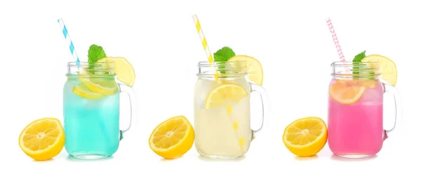 Cold Colorful Summer Lemonade Drinks Mason Jar Glasses Lemons Blueberry — Stock Photo, Image
