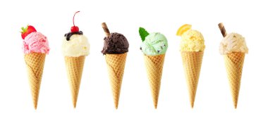 Assortment of ice cream cones. Variety of flavors isolated on a white background. clipart