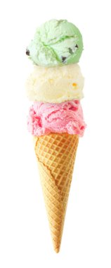 Triple scoop ice cream cone isolated on a white background. Strawberry, vanilla and mint flavors in a waffle cone. clipart