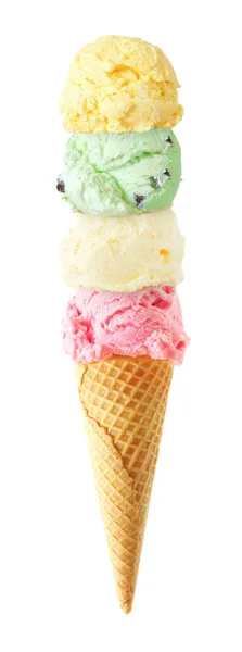 冰淇淋筒 四个勺子隔离在白色背景上 薄荷和柠檬味的华夫饼筒 — 图库照片