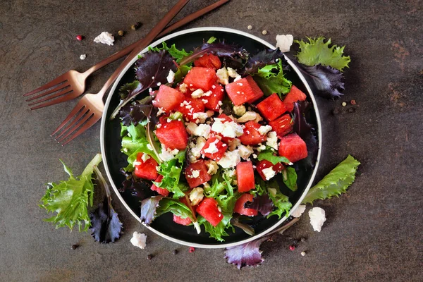 Watermelon Salad Feta Cheese View Frame Ingredients Dark Stone Background — Stock Photo, Image
