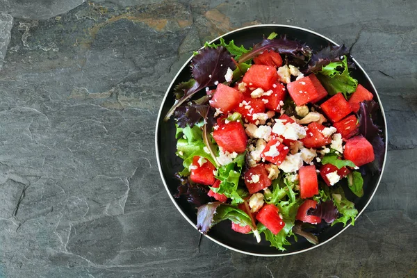 Watermelon Salad Feta Cheese Top View Dark Slate Background — Stock Photo, Image