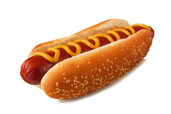 Hot Dog Moutarde Dans Pain Graines Sésame Vue Latérale Isolée — Photo