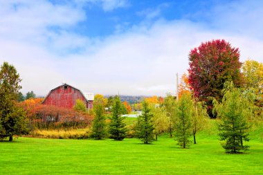 Sonbahar boyunca Vermont, ABD 'de renkli sonbahar yaprakları olan eski kırsal kırmızı ahır.
