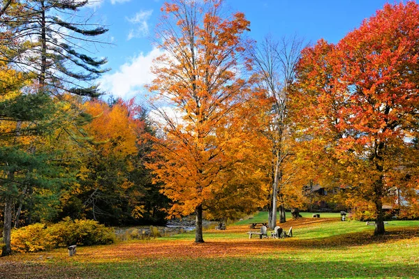 Lebendige Herbstfarben Mit Stühlen Und Bänken Der Landschaft Von Vermont — Stockfoto