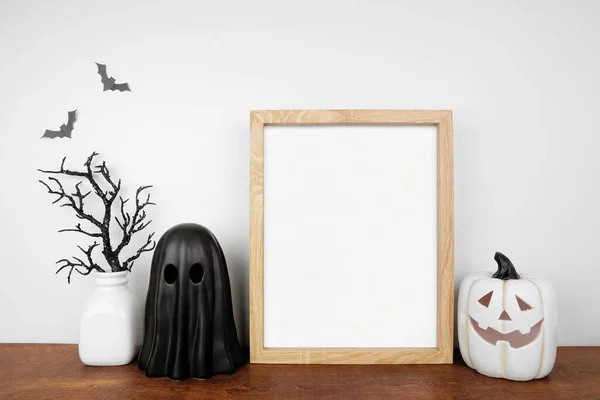 Halloween Mock Wooden Frame Wood Shelf Black Branches Ghost Jack — Stock Photo, Image