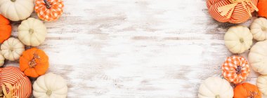 Sonbahar çiftlik evi balkabağı beyaz ahşap bir arka plan üzerinde çifte sınır. Kırsal turuncu ve beyaz bez balkabakları. Kopyalama alanı ile genel görünüm.