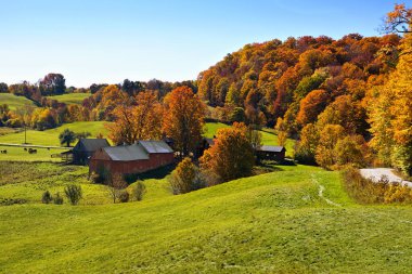 Woodstock, Vermont, ABD yakınlarında kırsal kırmızı ahşap ahır ve renkli sonbahar yaprakları ile sonbahar kırsal