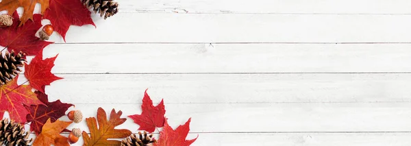 Kleurrijke Herfstbladeren Noten Dennenappels Hoek Grens Een Witte Houten Banner — Stockfoto