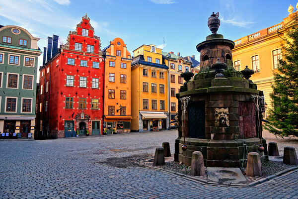 Colorful buildings of Stortorget, the main square in Gamla Stan, the Old Town of Stockholm, Sweden