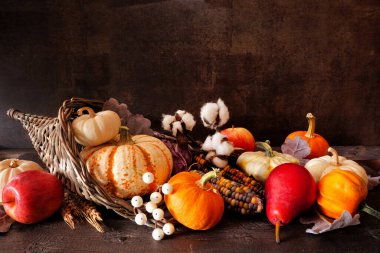 Şükran Günü hasadı sonbahar meyveleri ve sebzelerle dolu. Koyu bir arkaplan karşısında yan görünüm.