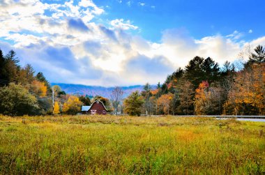 Sonbahar boyunca kırmızı ahır renkli yapraklar ve dramatik gökyüzü, Vermont, ABD