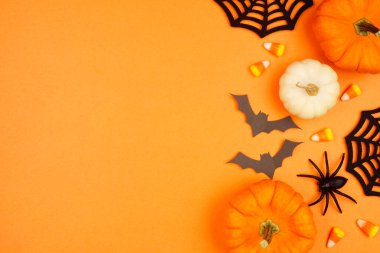 Cadılar bayramı kenarlarında siyah, beyaz ve turuncu renkli şekerler, balkabakları ve ürkütücü dekorlar var. Fotokopi alanı olan turuncu bir arkaplan üzerinde görünüm.