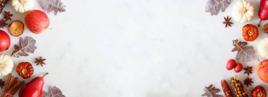 Balkabağı, yaprak ve sonbahar pişirme malzemelerinin sınırlarını aşın. Fotokopi alanı olan beyaz mermer bir afişte çift kenar. Üst görünüm.