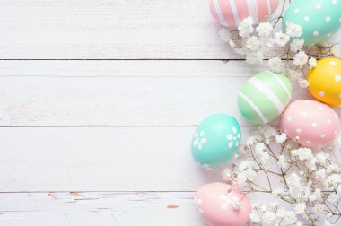 Pastel Paskalya yumurtaları ve beyaz bahar çiçekleri. Beyaz ahşap arka planda, görüş sınırının üstünde. Boşluğu kopyala.