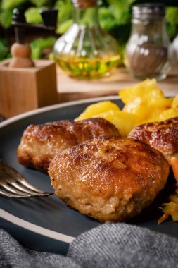 Tabakta patates kızartmasıyla servis edilen köfteler..