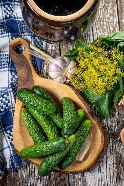 Voorbereiding Voor Het Beitsen Van Komkommers Weinig Diepgang — Stockfoto
