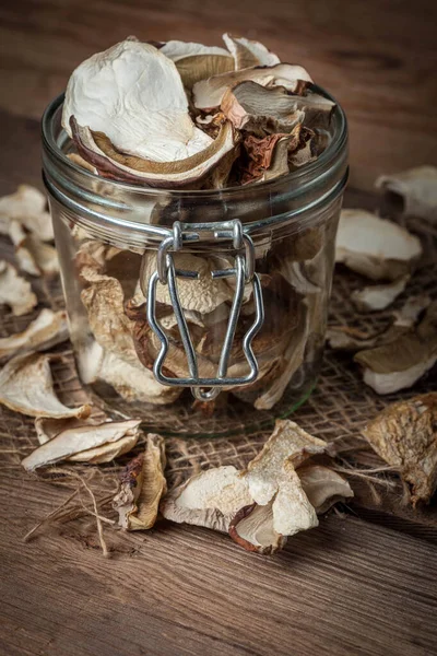 Dried Mushrooms Jar Wooden Background — Stock Photo, Image