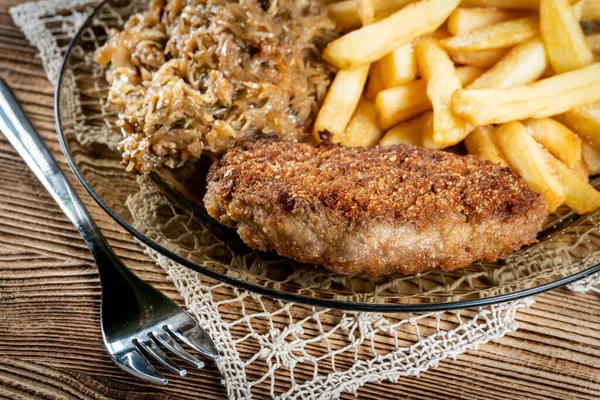 Pork Chop Breadcrumbs Served Fries Stewed Cabbage Selective Focus — Stock Photo, Image