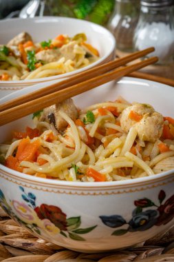 Tavuk ve sebzeli kızarmış erişte. Tavuk chow mein.