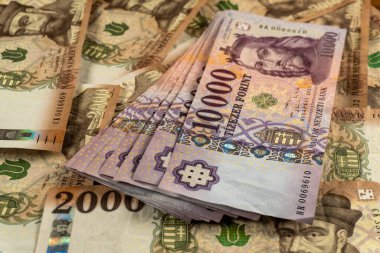 KATOWICE, POLAND- HAZİRAN 01, 2022 Macaristan Ulusal Para Birimi. 2000 ve 10000 forint banknot.