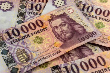 KATOWICE, POLAND- HAZİRAN 01, 2022 Macaristan Ulusal Para Birimi. 10000 forint banknot.