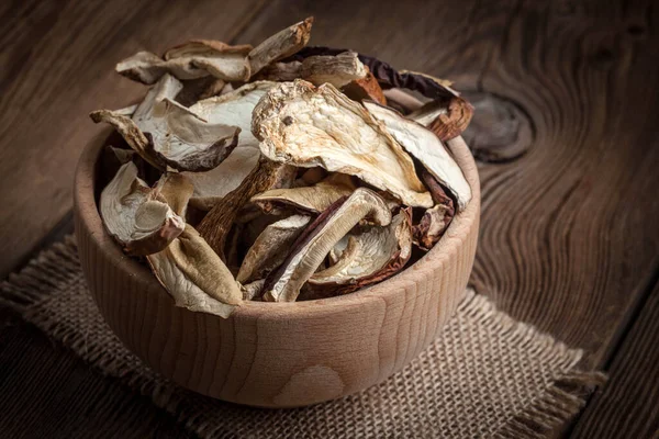Dried Mushrooms Wooden Bowl Dark Background — Stock Photo, Image
