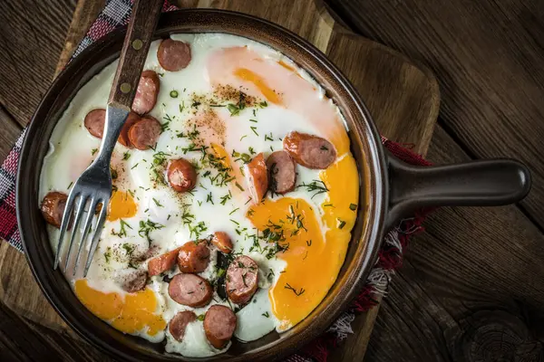 Tasty Cooked Egg Chopped Sausages Pan Top View — Stock Photo, Image