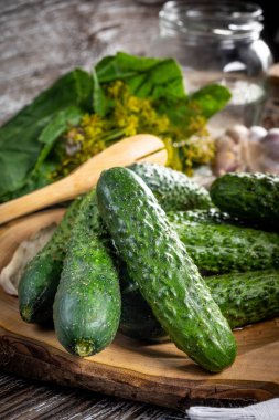 Salatalık turşusu için hazırlık. Derinlik odağı az.