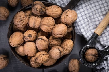 Metal bir konteynırda fındıklar. Sığ alan derinliği.