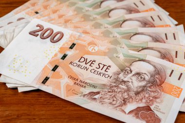 Çek Cumhuriyeti 'nin çeşitli mezheplerden banknotları bir arkaplan oluşturmaktadır.